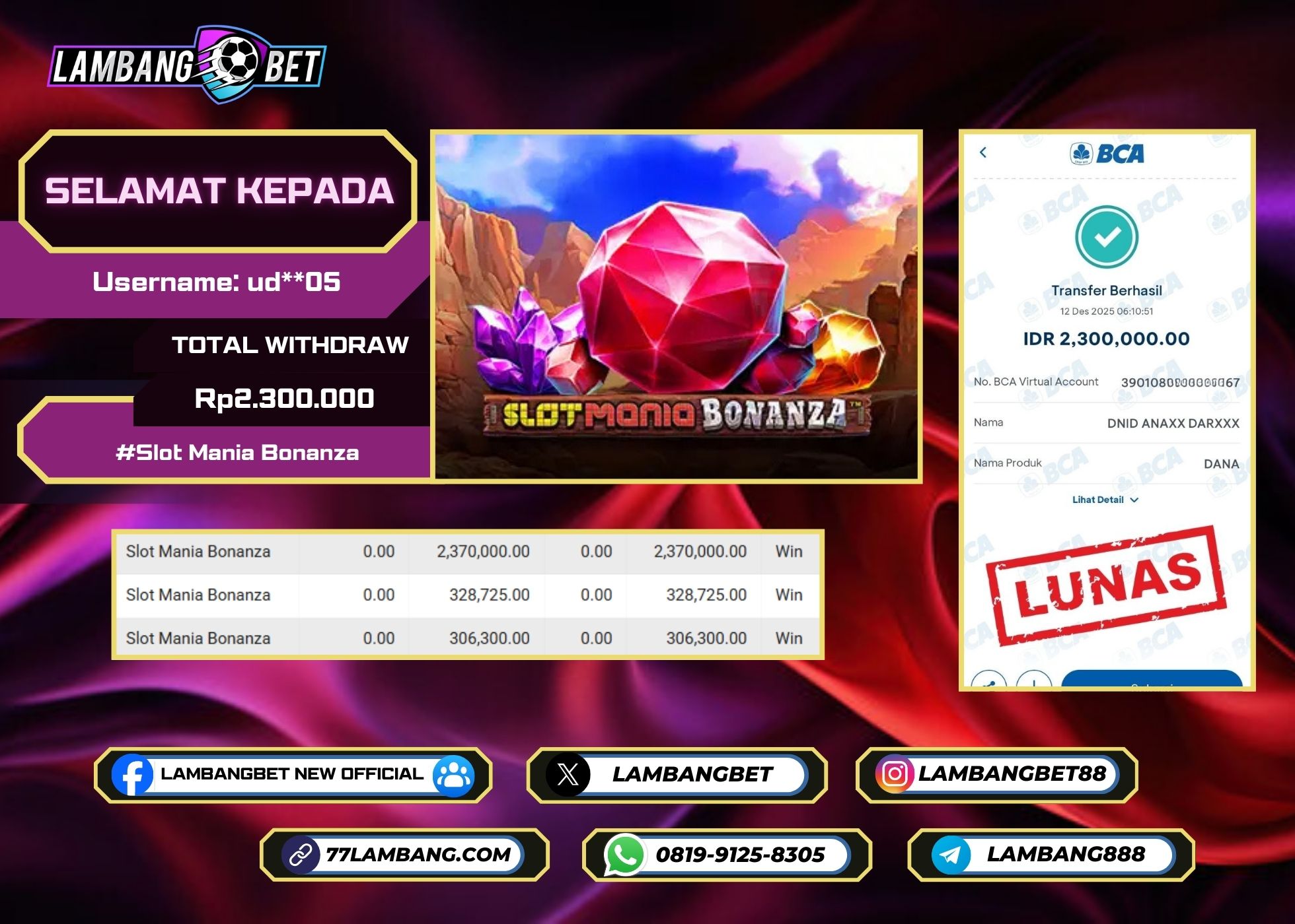 LAMBANGBET [12 DESEMBER 2025] JACKPOT SLOT Slot Mania Bonanza "Rp2.300.000" LUNAS